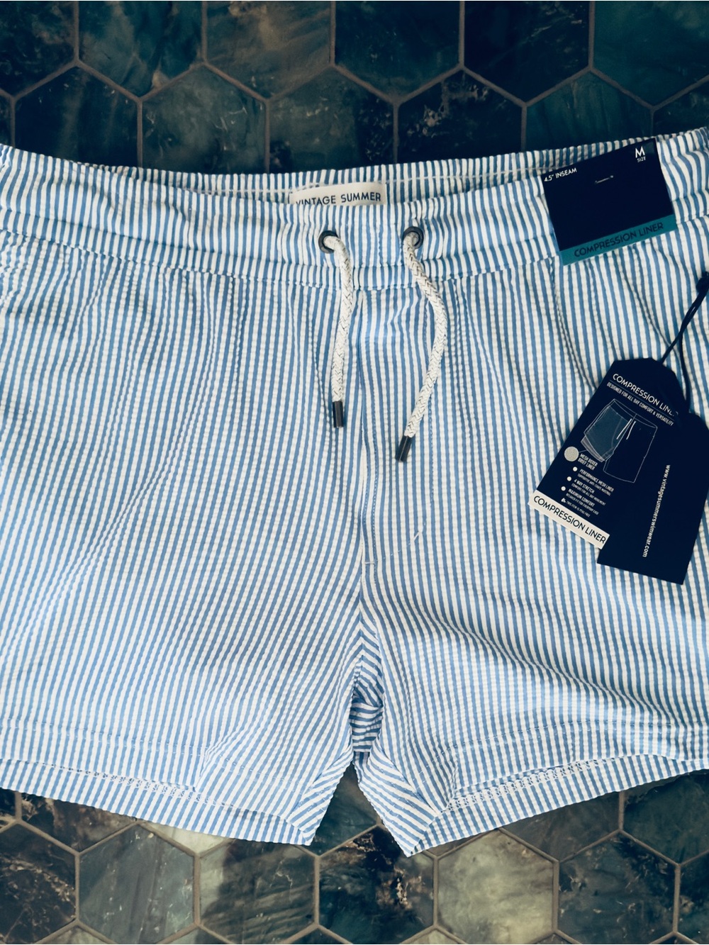 Vintage Summer Men’s Light Blue Striped Swim Trunks